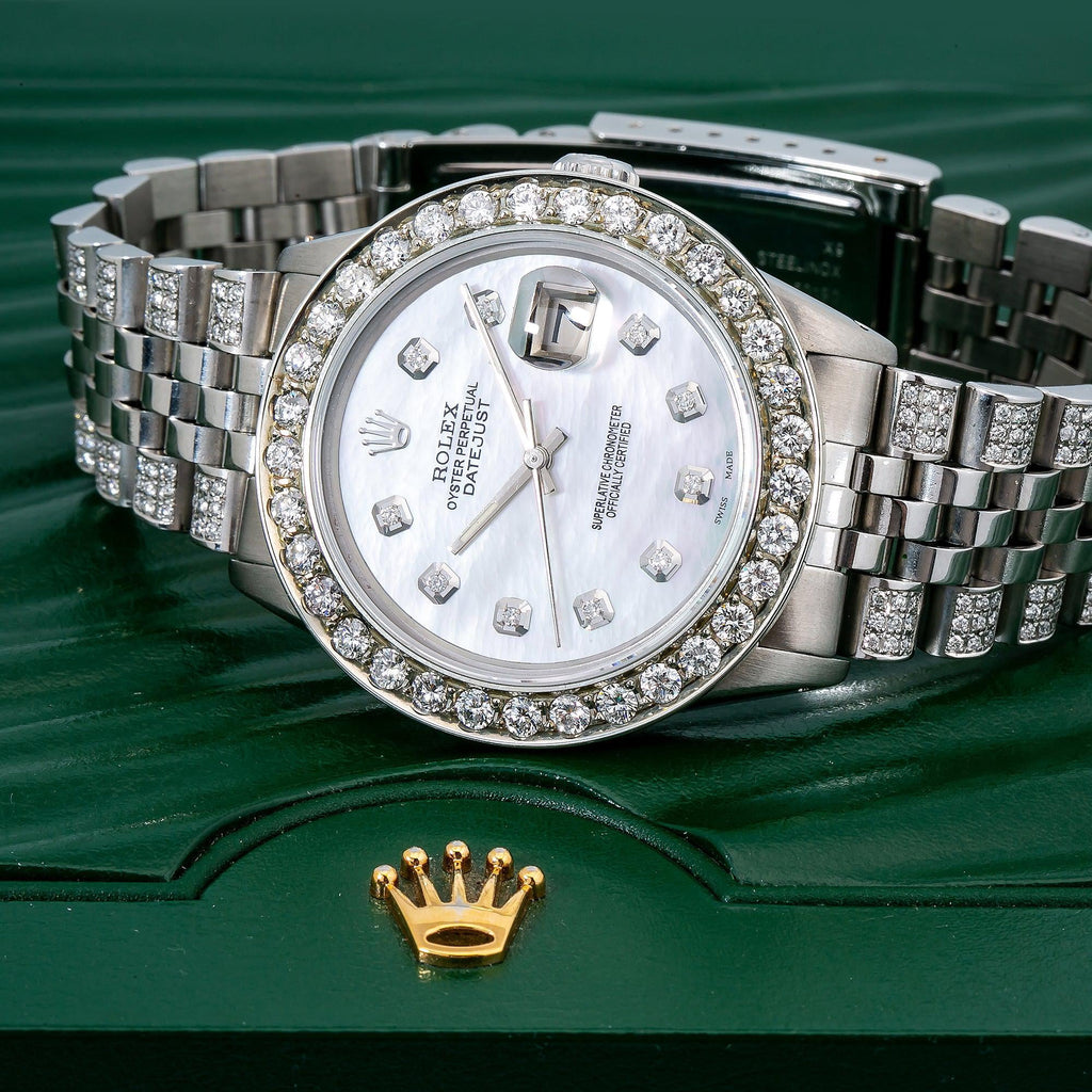 Pre-Owned Rolex Datejust 36MM 16234 White Mother of Pearl Diamond Dial Diamond Bezel Stainless Steel Semi Diamond Jubilee Bracelet