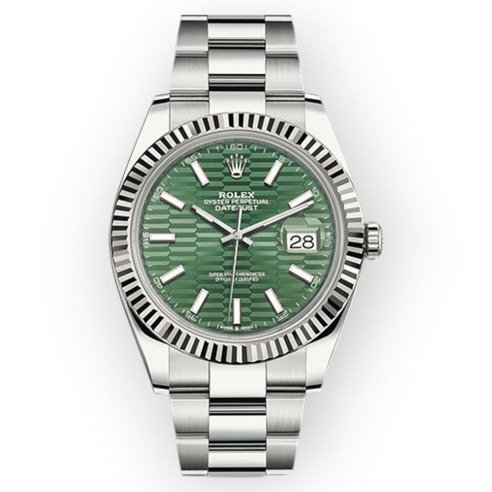 Pre-Owned Rolex Datejust 126334 Unisex 41mm Stainless Steel Green Motif Dial Fluted Bezel Automatic Watch –