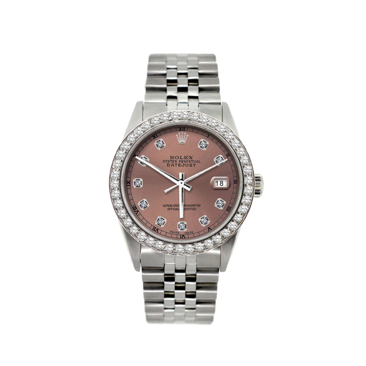 Pre-Owned Rolex Datejust 36MM 16200 Everose Diamond Dial Diamond Bezel Stainless Steel Jubilee Bracelet 1.2ct