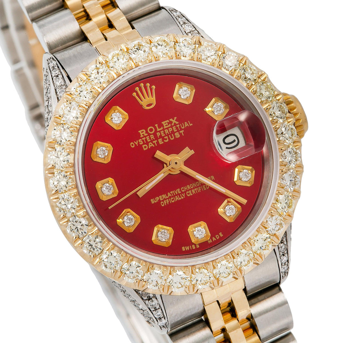 Pre-Owned Rolex Datejust 26MM 69173 Red Diamond Dial Diamond Bezel Two Tone Yellow Gold Jubilee Bracelet 2.25ct