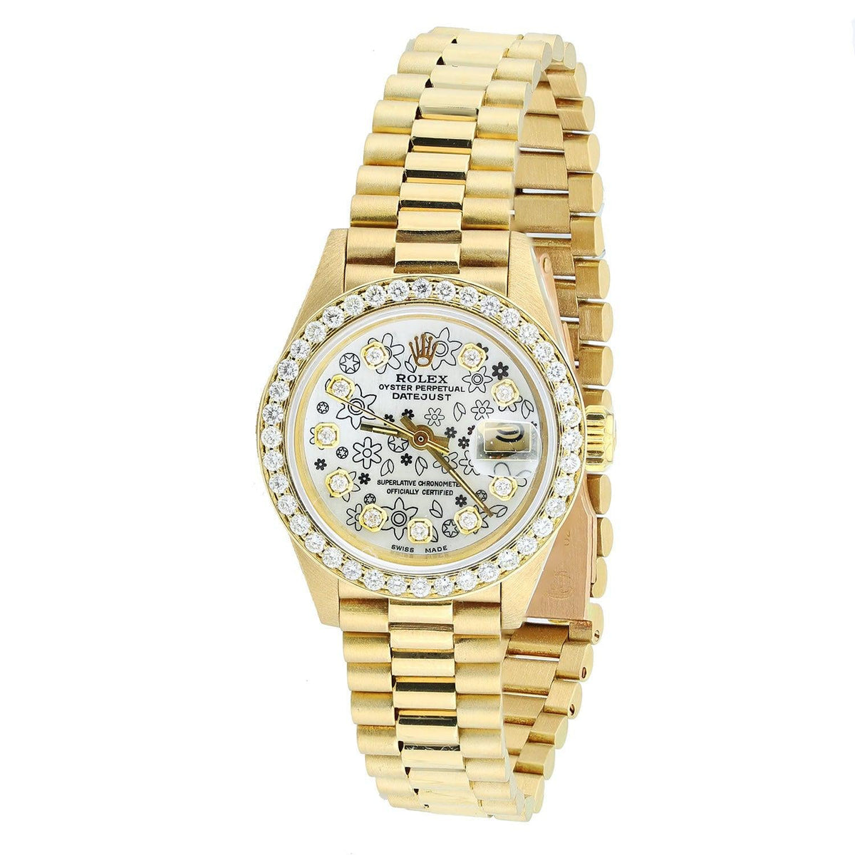 Pre-Owned Rolex Datejust 26MM 6917 Silver Floral Diamond Dial Diamond Bezel 18K Yellow Gold President Bracelet 1ct