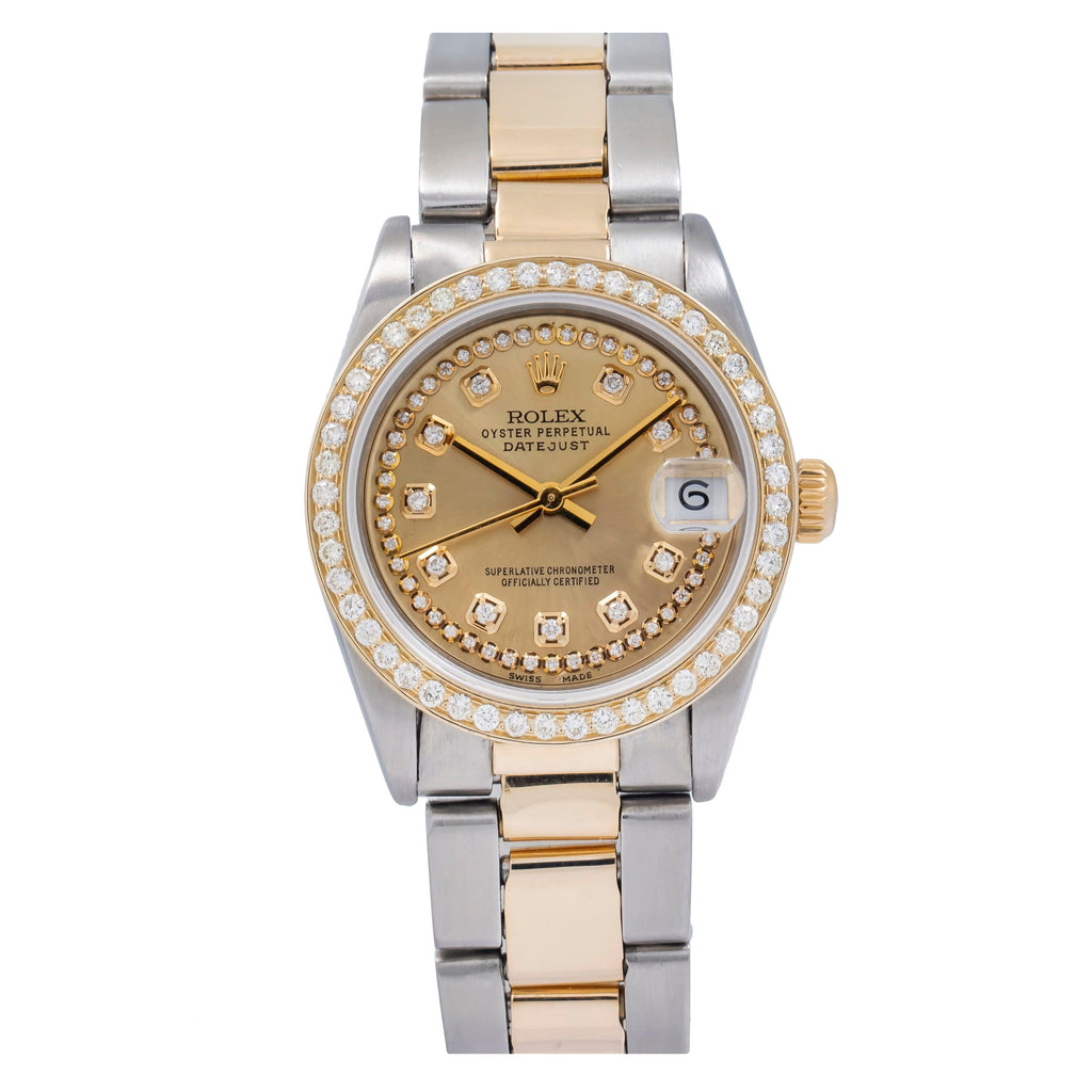 Pre-Owned Rolex Datejust 31MM 68273 Champagne Diamond Dial Diamond Bezel Two Tone Yellow Gold Oyster Bracelet