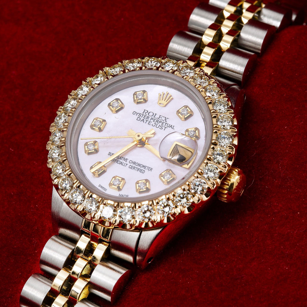 Pre-Owned Rolex Datejust 26MM 6917 Pink Mother of Pearl Diamond Dial Diamond Bezel Two Tone Yellow Gold Jubilee Bracelet
