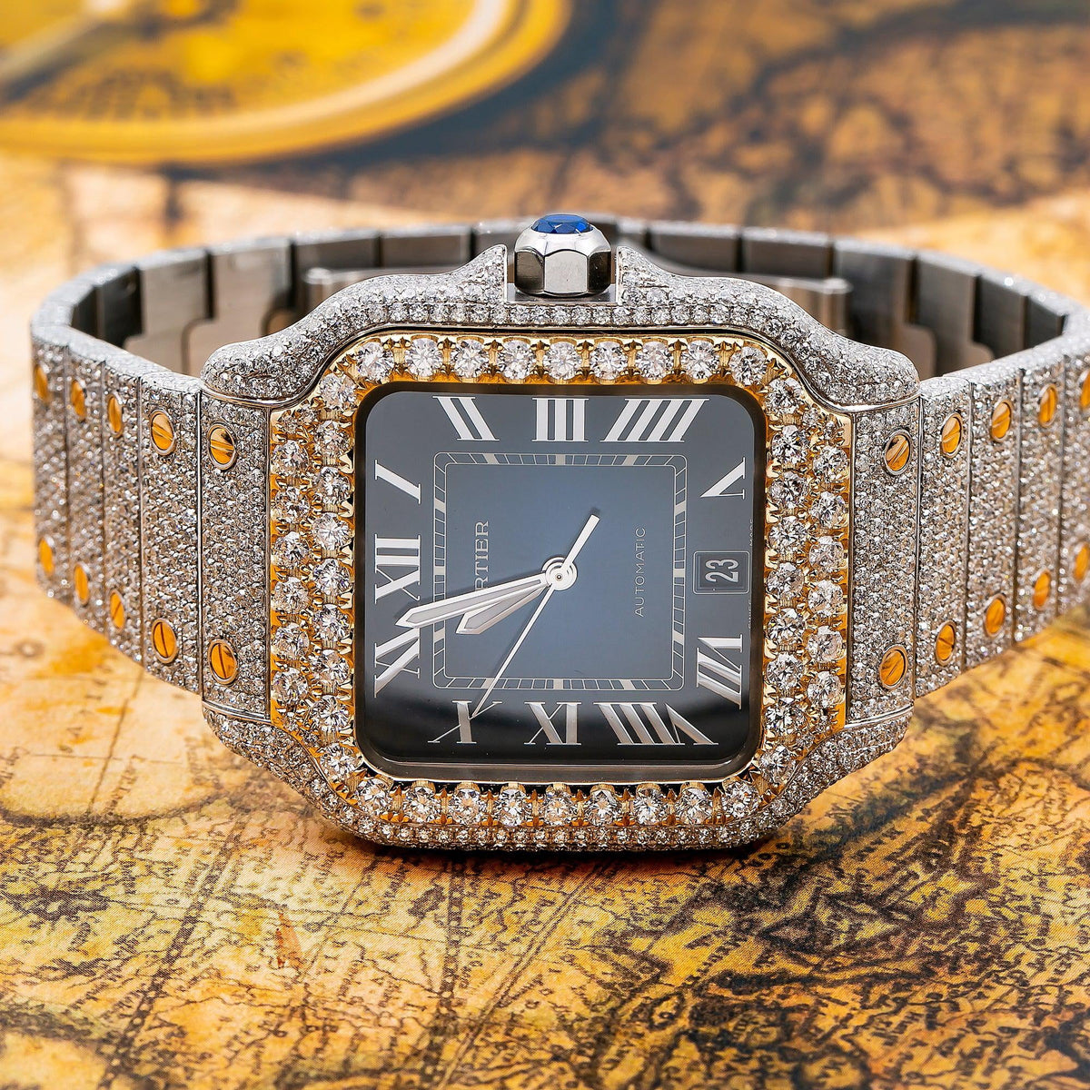 Pre-Owned Cartier Santos 39.8MM WSSA0030 Blue Roman Dial Yellow Gold Diamond Bezel Two Tone Yellow Gold Full Diamond Bracelet 17.95ct