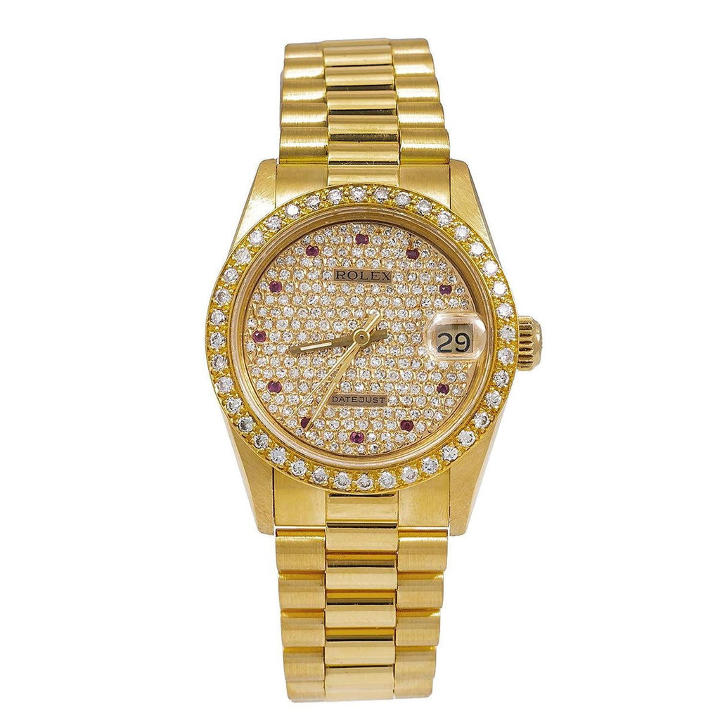 Pre-Owned Rolex Datejust 31MM 68278 Diamond Paved Dial Diamond Bezel 18K Yellow Gold President Bracelet
