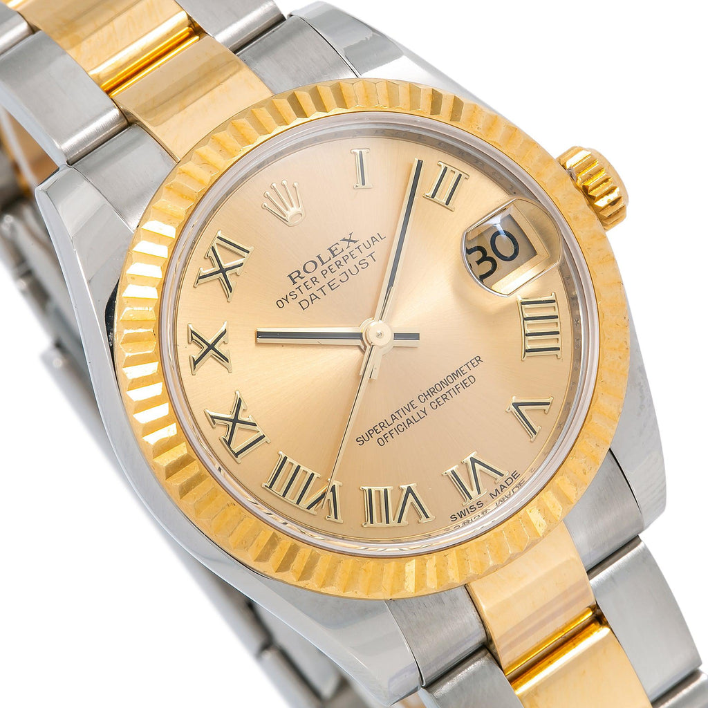 Pre-Owned Rolex Datejust 31MM 178243 Champagne Roman Dial Fluted Bezel Two Tone Yellow Gold Oyster Bracelet