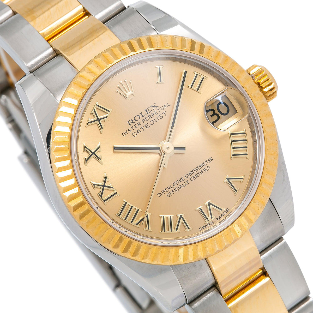 Pre-Owned Rolex Datejust 31MM 178243 Champagne Roman Dial Fluted Bezel Two Tone Yellow Gold Oyster Bracelet