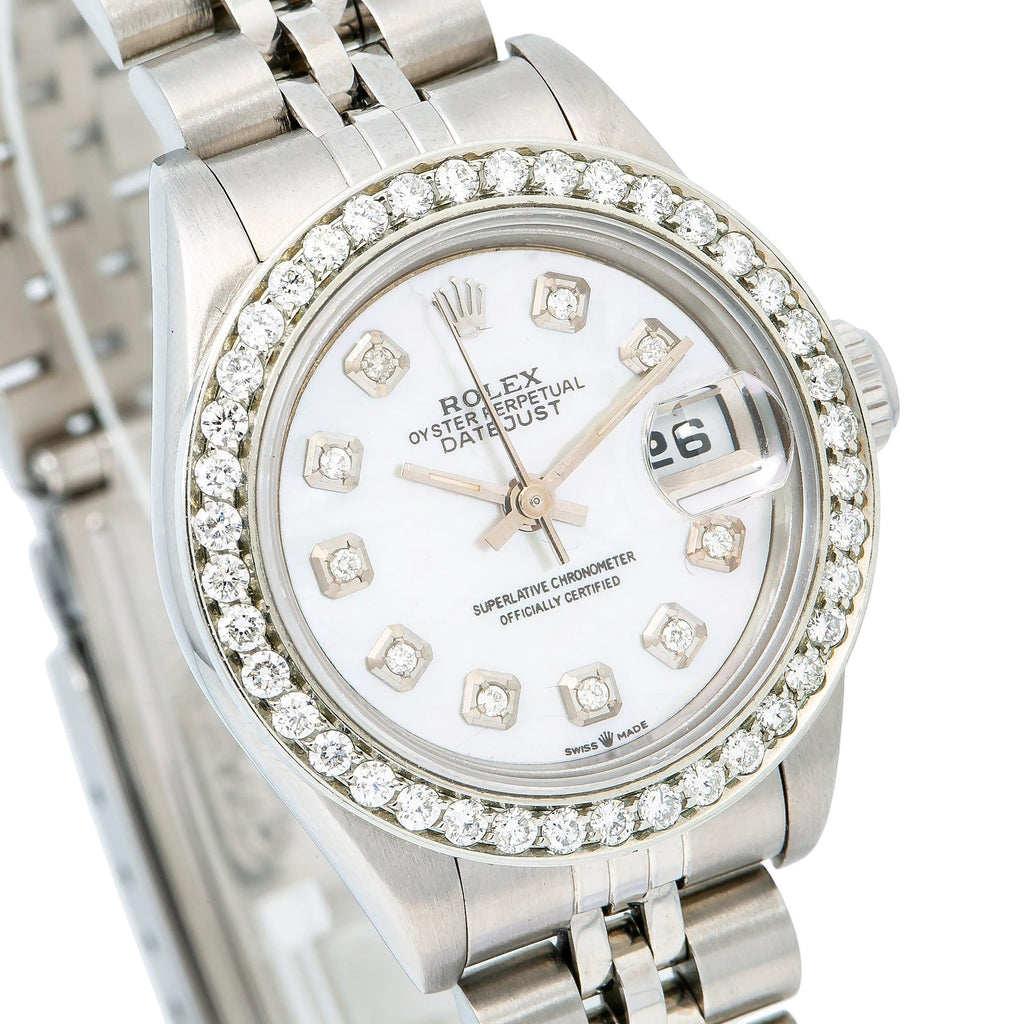 Pre-Owned Rolex Datejust 26MM 6917 White Mother of Pearl Diamond Dial Diamond Bezel Stainless Steel Jubilee Bracelet
