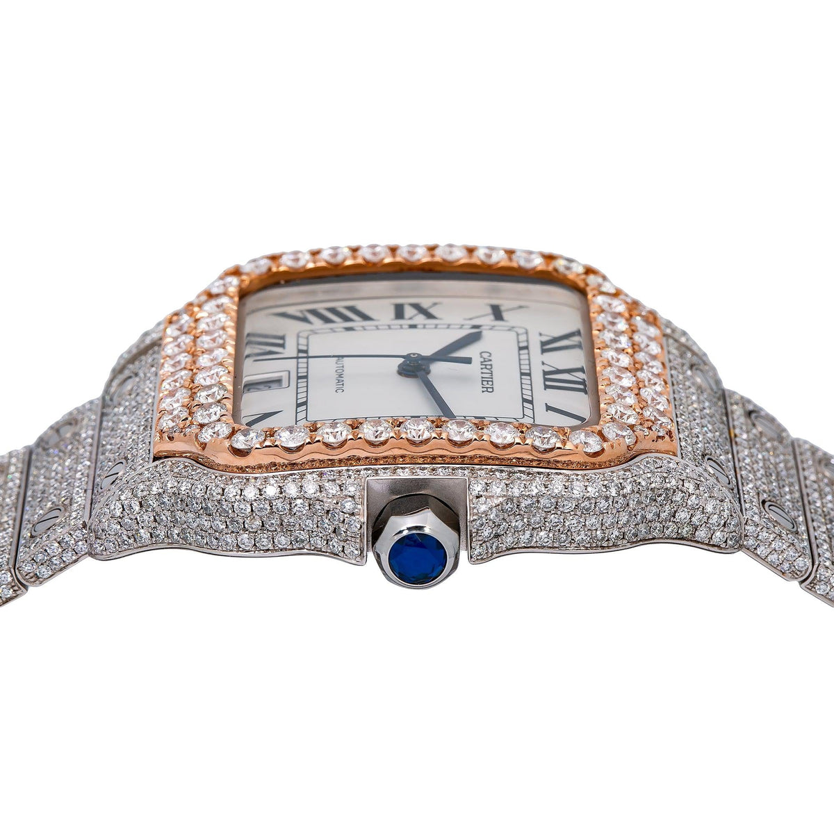 Pre-Owned Cartier Santos 39.8MM WSSA0009 Silver Roman Dial Rose Gold Diamond Bezel Stainless Steel Full Diamond Bracelet 17.96ct