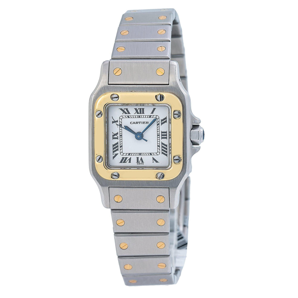 Pre-Owned Cartier Santos Galbée 24MM W20012C4 Silver Roman Dial Yellow Gold Bezel Two Tone Yellow Gold Bracelet