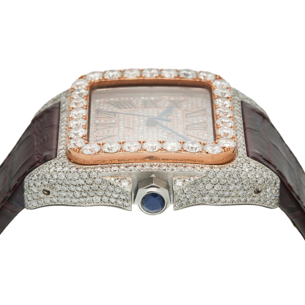 Pre-Owned Cartier Santos 100 38MM W20073X8 Champagne Roman Dial Diamond Bezel Brown Leather Strap 11.35ct