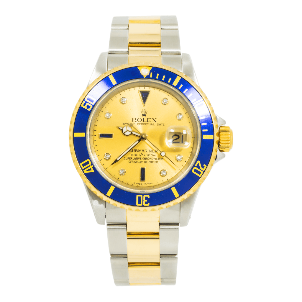 Pre-Owned Rolex Stainless Steel and Yellow Gold Submariner 16613 with Champagne Diamond Dial and Oyster Bracelet