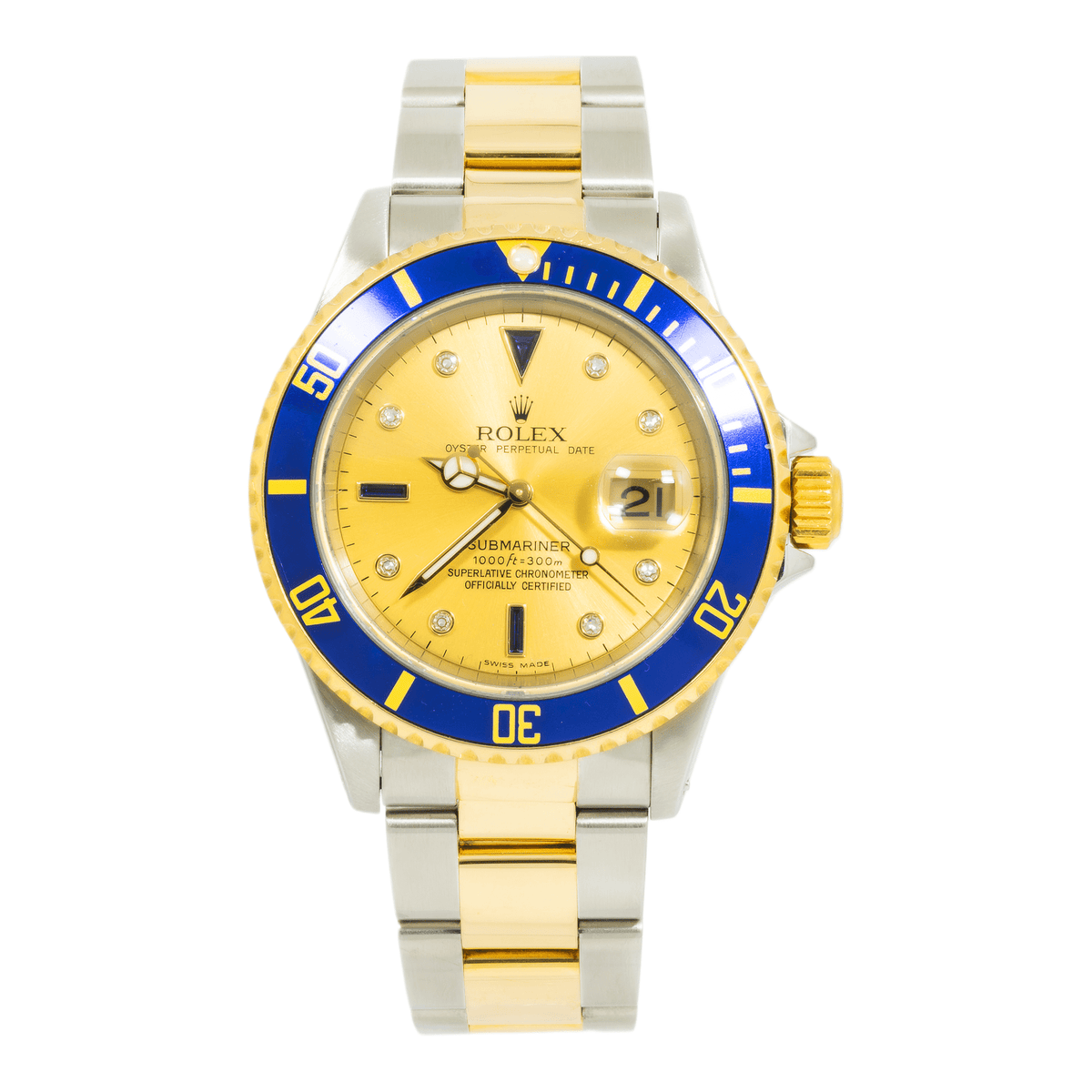 Pre-Owned Rolex Stainless Steel and Yellow Gold Submariner 16613 with Champagne Diamond Dial and Oyster Bracelet