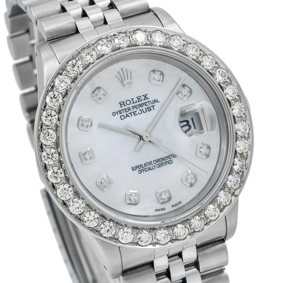 Pre-Owned Rolex Datejust 36MM 16014 White Mother of Pearl Diamond Dial Diamond Bezel Stainless Steel Jubilee Bracelet