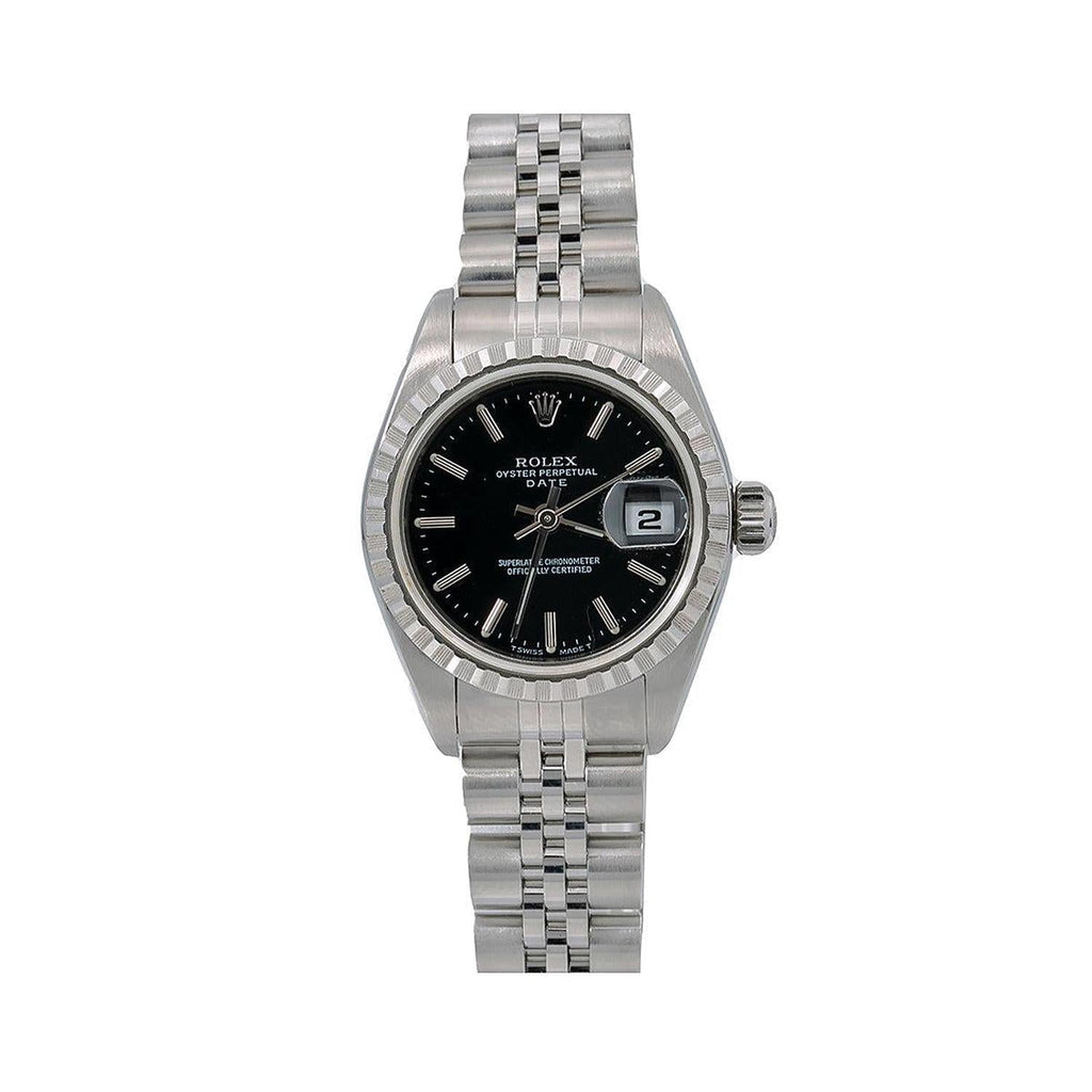 Pre-Owned Rolex Date 26MM 6924 Black Dial Engine Turned Bezel Stainless Steel Jubilee Bracelet