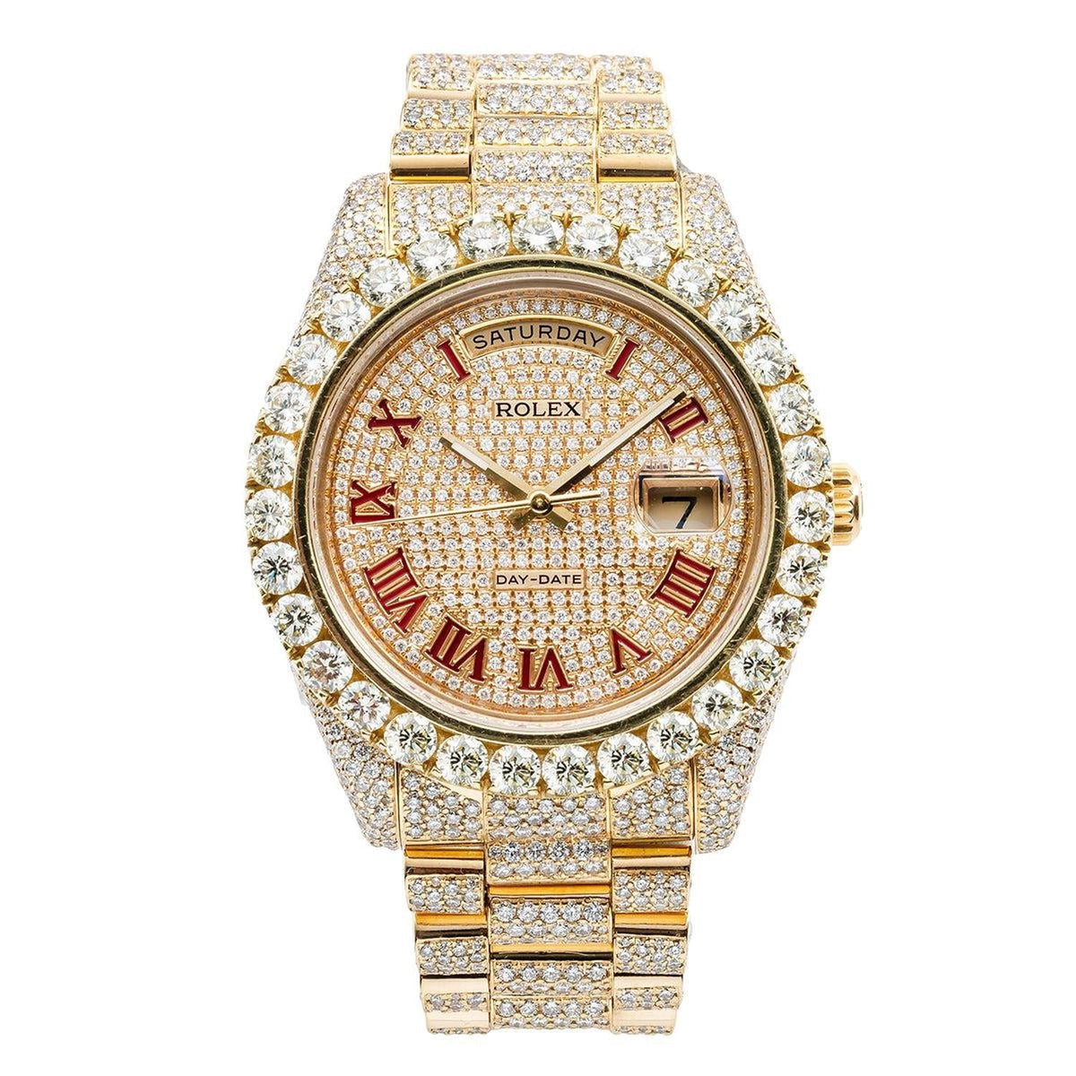 Pre-Owned Rolex Day-Date II 41MM 218238 Diamond Paved Red Roman Dial Diamond Bezel 18K Yellow Gold Full Diamond President Bracelet 21.75ct