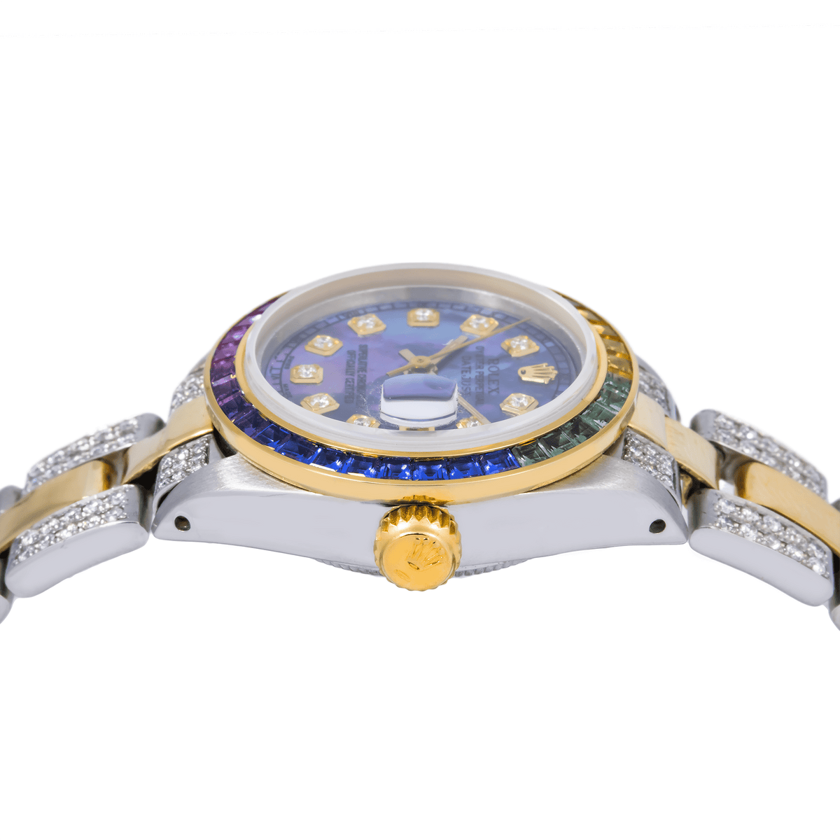 Pre-Owned Rolex Datejust 26MM 69173 Blue Mother of Pearl Diamond Dial Rainbow Gemstone Bezel Two Tone Yellow Gold Semi Diamond Oyster Bracelet
