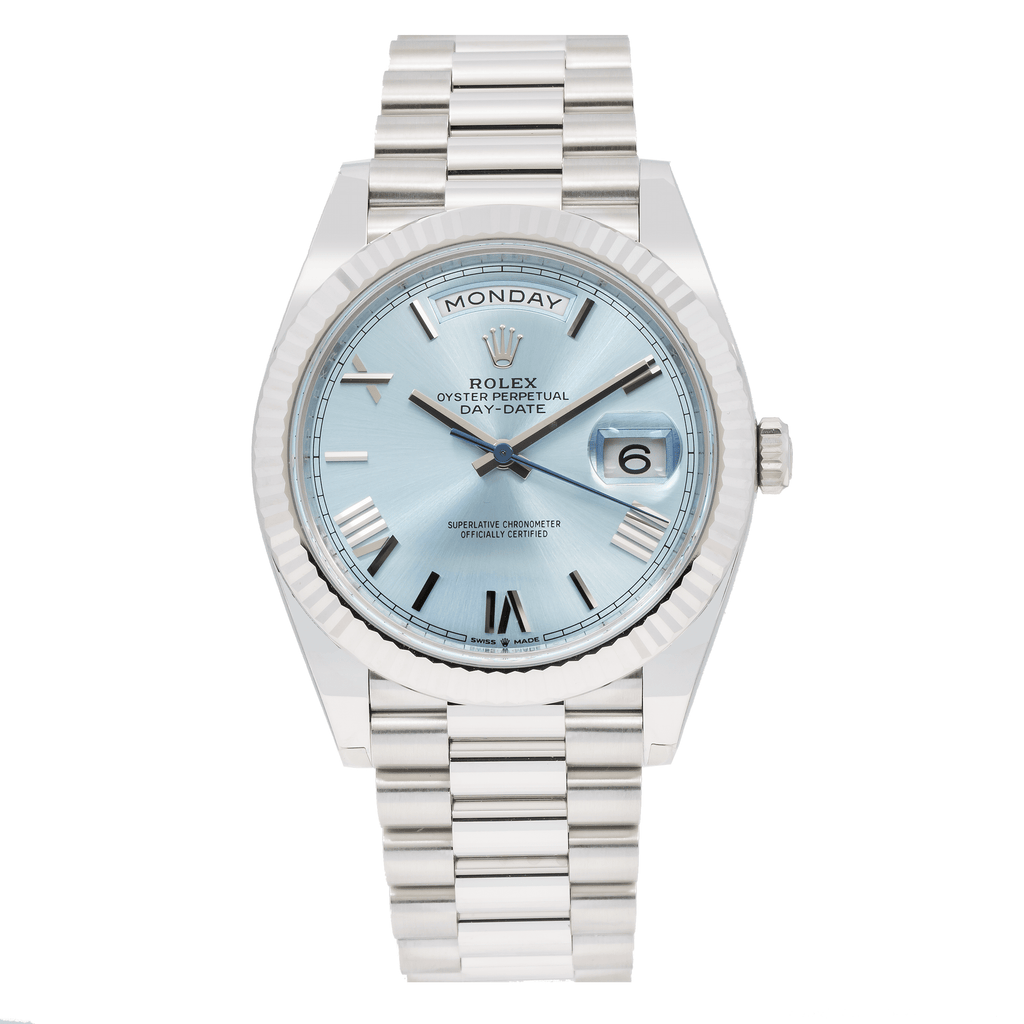 Pre-Owned Rolex Day-Date 40MM 228236 Ice Blue Roman Dial Fluted Bezel Platinum President Bracelet