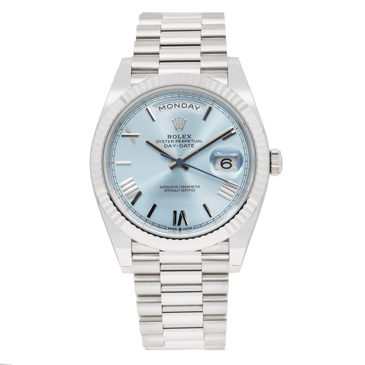 Pre-Owned Rolex Day-Date 40MM 228236 Ice Blue Roman Dial Fluted Bezel Platinum President Bracelet
