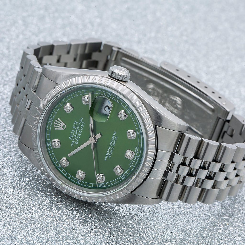 Pre-Owned Rolex Datejust 36MM 16220 Green Diamond Dial Engine Turned Bezel Stainless Steel Jubilee Bracelet