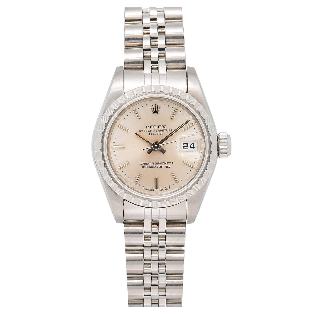 Pre-Owned Rolex Date 26MM 6924 Silver Dial Engine Turned Bezel Stainless Steel Jubilee Bracelet