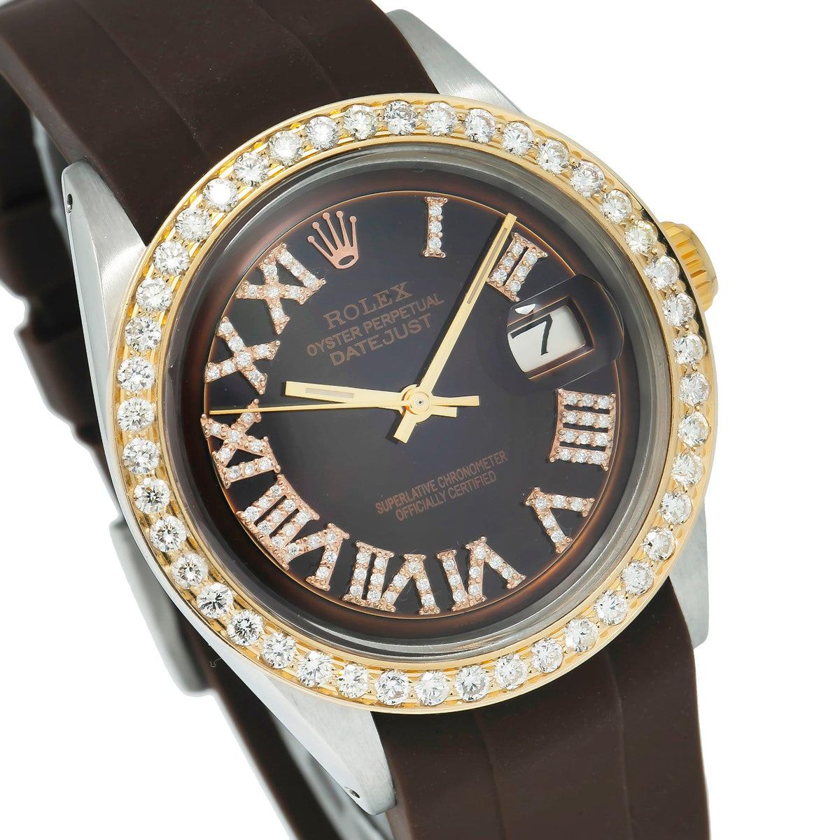 Pre-Owned Rolex Datejust 36MM 1601 Chocolate Roman Diamond Dial Diamond Bezel Brown Rubber Strap
