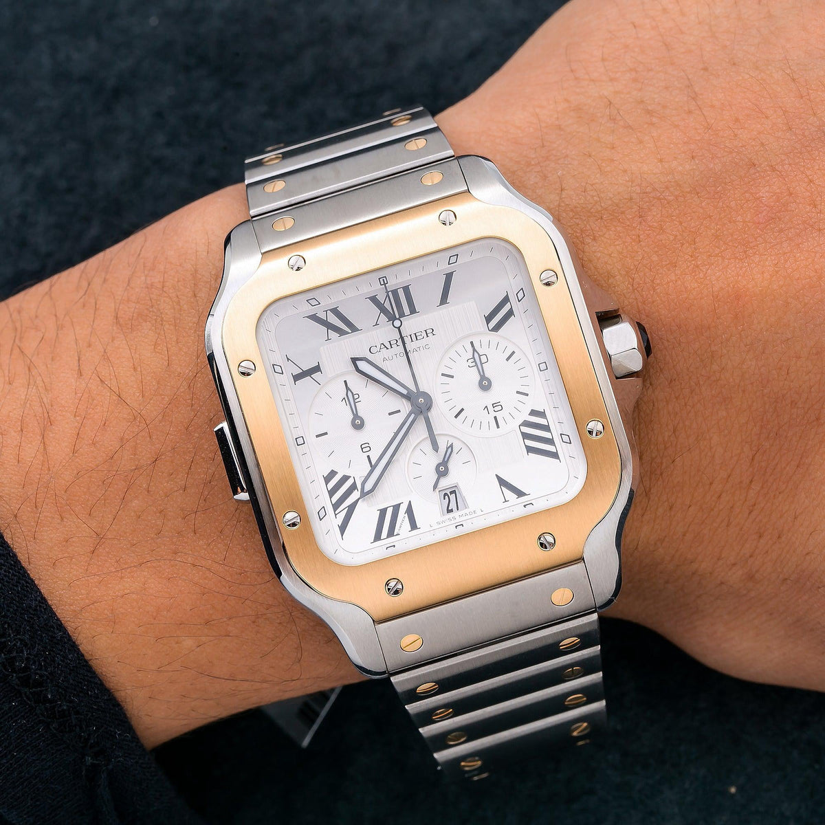 Pre-Owned Cartier Santos 43MM W2SA0008 Silver Roman Dial Yellow Gold Bezel Two Tone Yellow Gold Bracelet