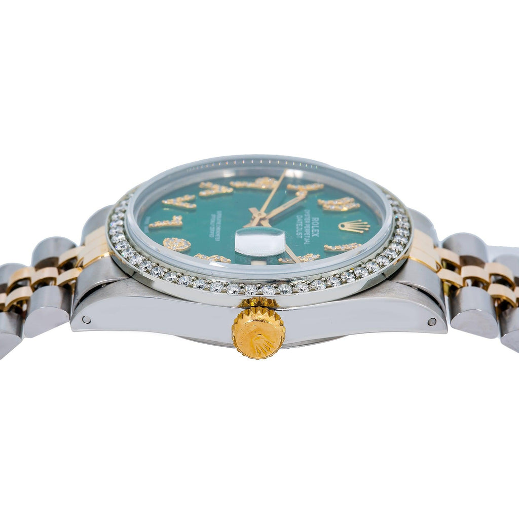Pre-Owned Rolex Datejust 36MM 16013 Green Roman Diamond Dial Diamond Bezel Two Tone Yellow Gold Jubilee Bracelet 1.25ct