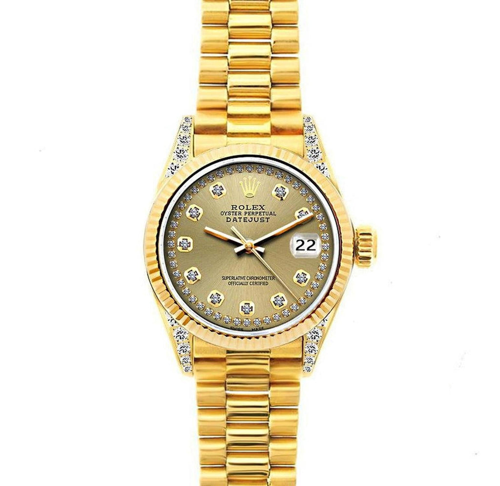Pre-Owned Rolex Datejust 26MM 69178 Champagne Diamond Dial Fluted Bezel 18K Yellow Gold President Bracelet