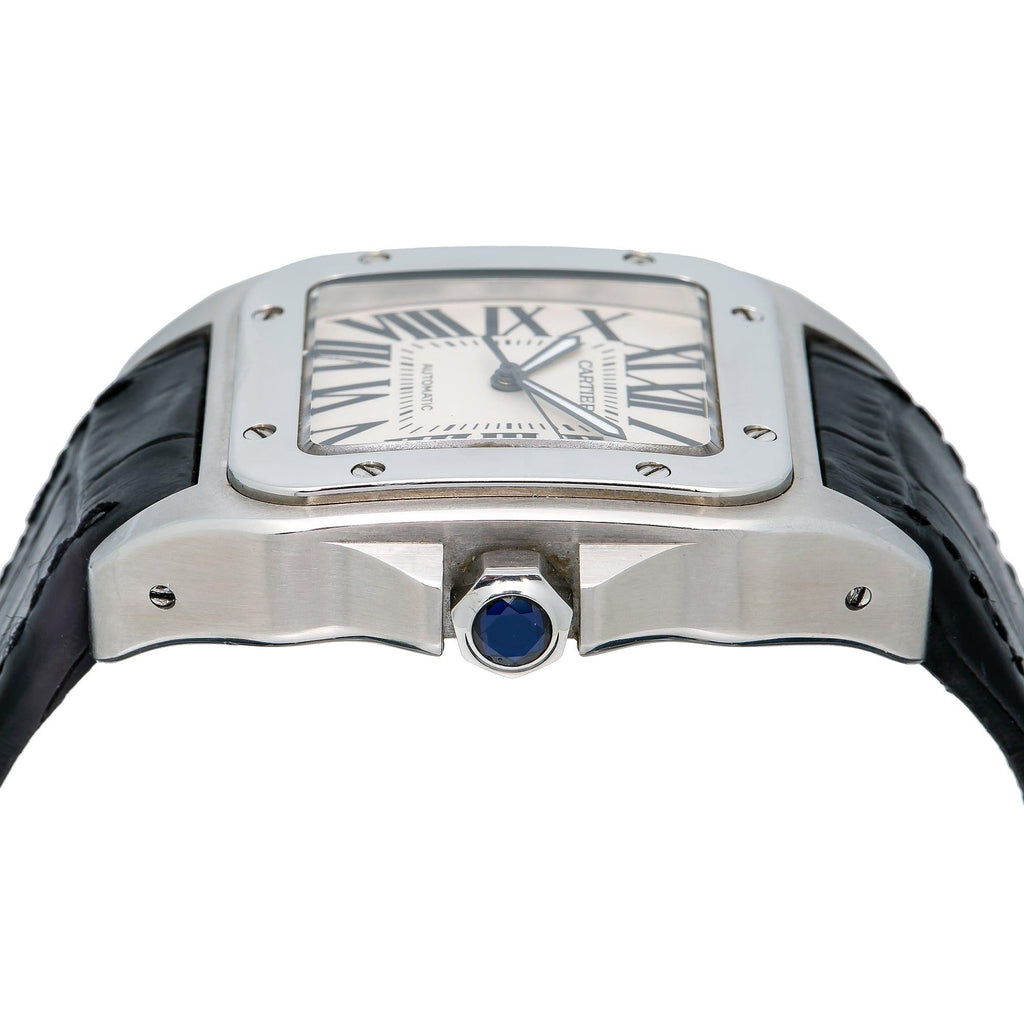 Pre-Owned Cartier Santos 100 38MM 2656 Silver Roman Dial Black Leather Strap