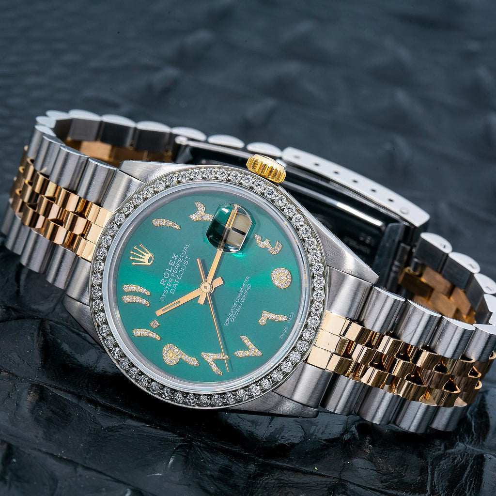 Pre-Owned Rolex Datejust 36MM 16013 Green Roman Diamond Dial Diamond Bezel Two Tone Yellow Gold Jubilee Bracelet 1.25ct