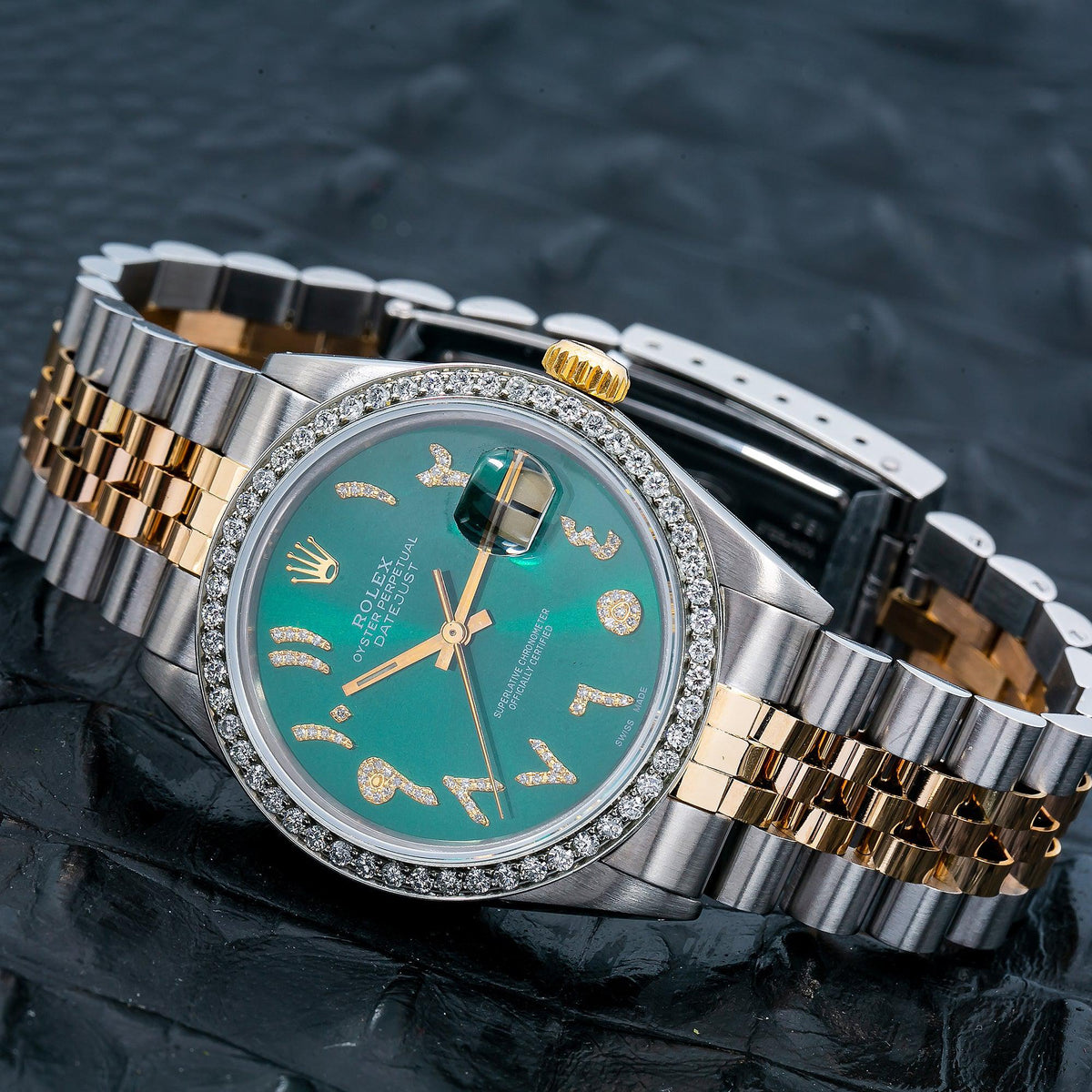 Pre-Owned Rolex Datejust 36MM 16013 Green Roman Diamond Dial Diamond Bezel Two Tone Yellow Gold Jubilee Bracelet 1.25ct