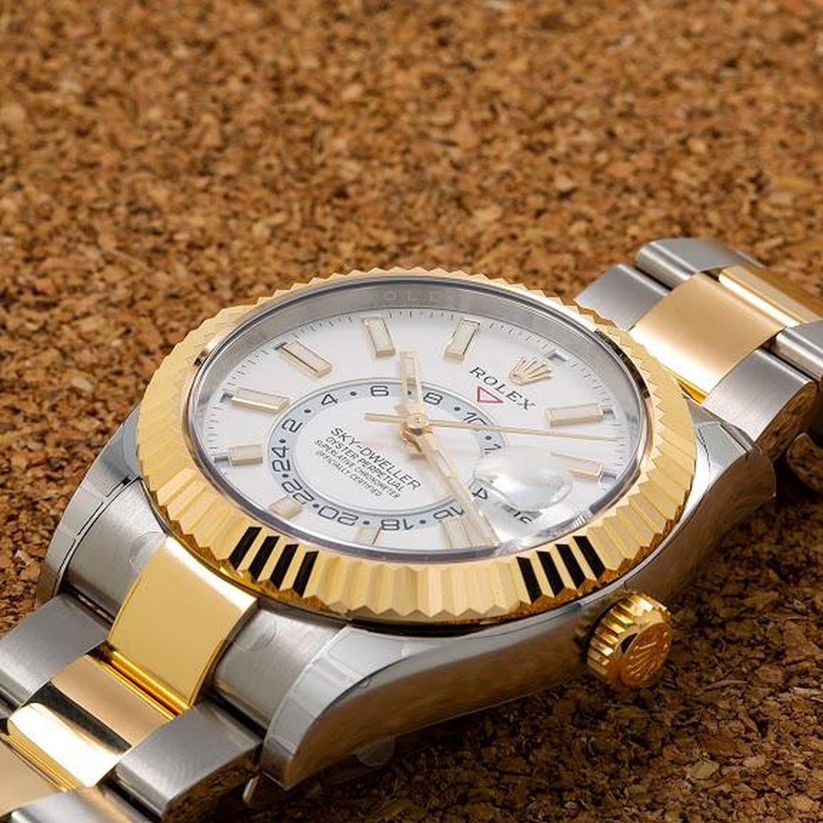 Pre-Owned Rolex Sky-Dweller 42MM 326933 White Dial Fluted Bezel Two Tone Yellow Gold Oyster Bracelet