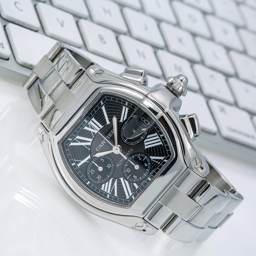 Pre-Owned Cartier Roadster 43MM W62020X6 / 2618 Black Roman Dial Stainless Steel Bracelet