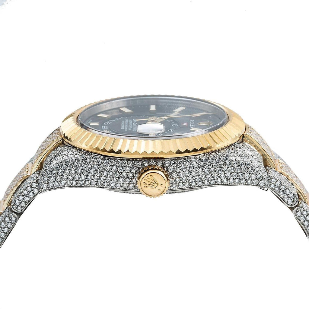 Pre-Owned Rolex Sky-Dweller 42MM 326933 Black Dial Fluted Bezel Two Tone Yellow Gold Full Diamond Oyster Bracelet 21.5ct