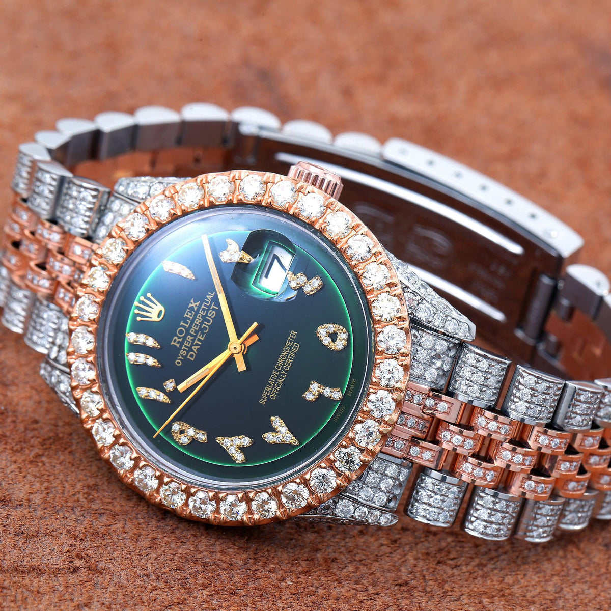Pre-Owned Rolex Datejust 36MM 1601 Green Eastern Arabic Diamond Dial Diamond Bezel Two Tone Rose Gold Full Diamond Jubilee Bracelet