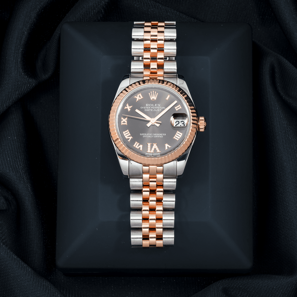 Pre-Owned Rolex Datejust 31MM 178271 Chocolate Roman Diamond Dial Fluted Bezel Two Tone Rose Gold Jubilee Bracelet