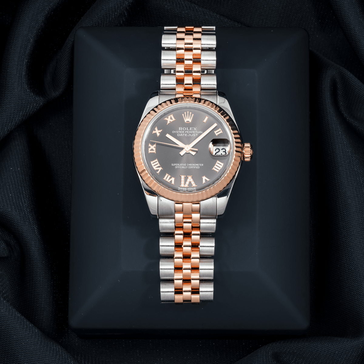 Pre-Owned Rolex Datejust 31MM 178271 Chocolate Roman Diamond Dial Fluted Bezel Two Tone Rose Gold Jubilee Bracelet