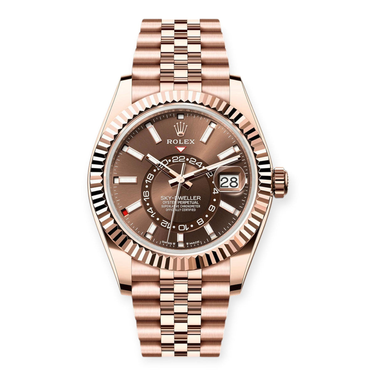 Pre-Owned Rolex Everose Gold Sky-Dweller 336935 Chocolate Index Dial On a Jubilee Bracelet
