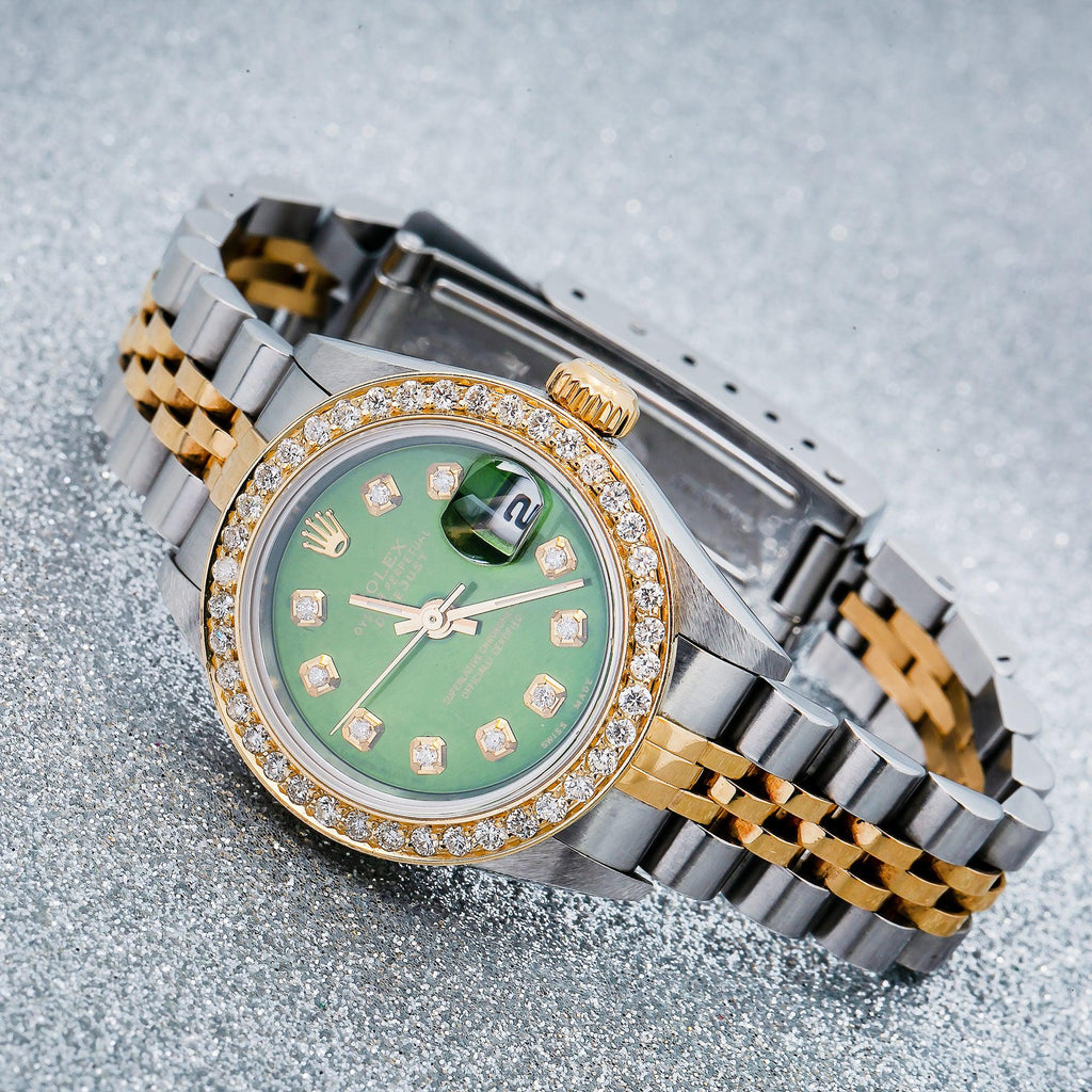 Pre-Owned Rolex Datejust 26MM 69173 Green Diamond Dial Diamond Bezel Two Tone Yellow Gold Jubilee Bracelet