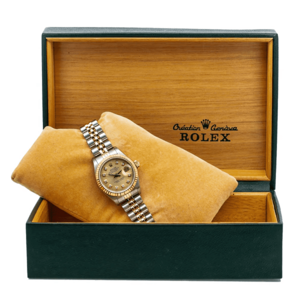 Pre-Owned Rolex Lady-Datejust 26mm â€“ 69173, Champagne Diamond Dial, 18k Yellow Gold & Stainless Steel Jubilee Bracelet