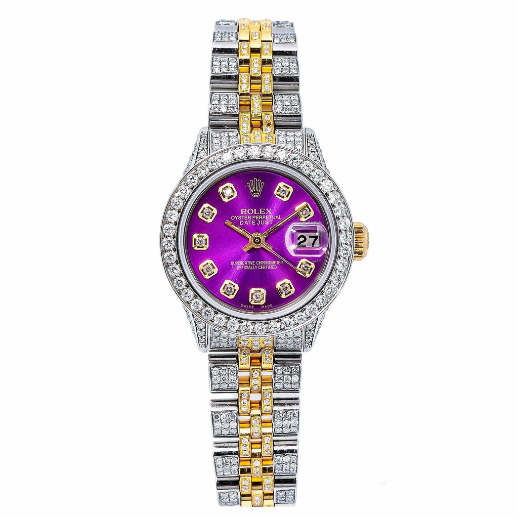 Pre-Owned Rolex Datejust 26MM 69173 Purple Diamond Dial Diamond Bezel Two Tone Yellow Gold Full Diamond Jubilee Bracelet
