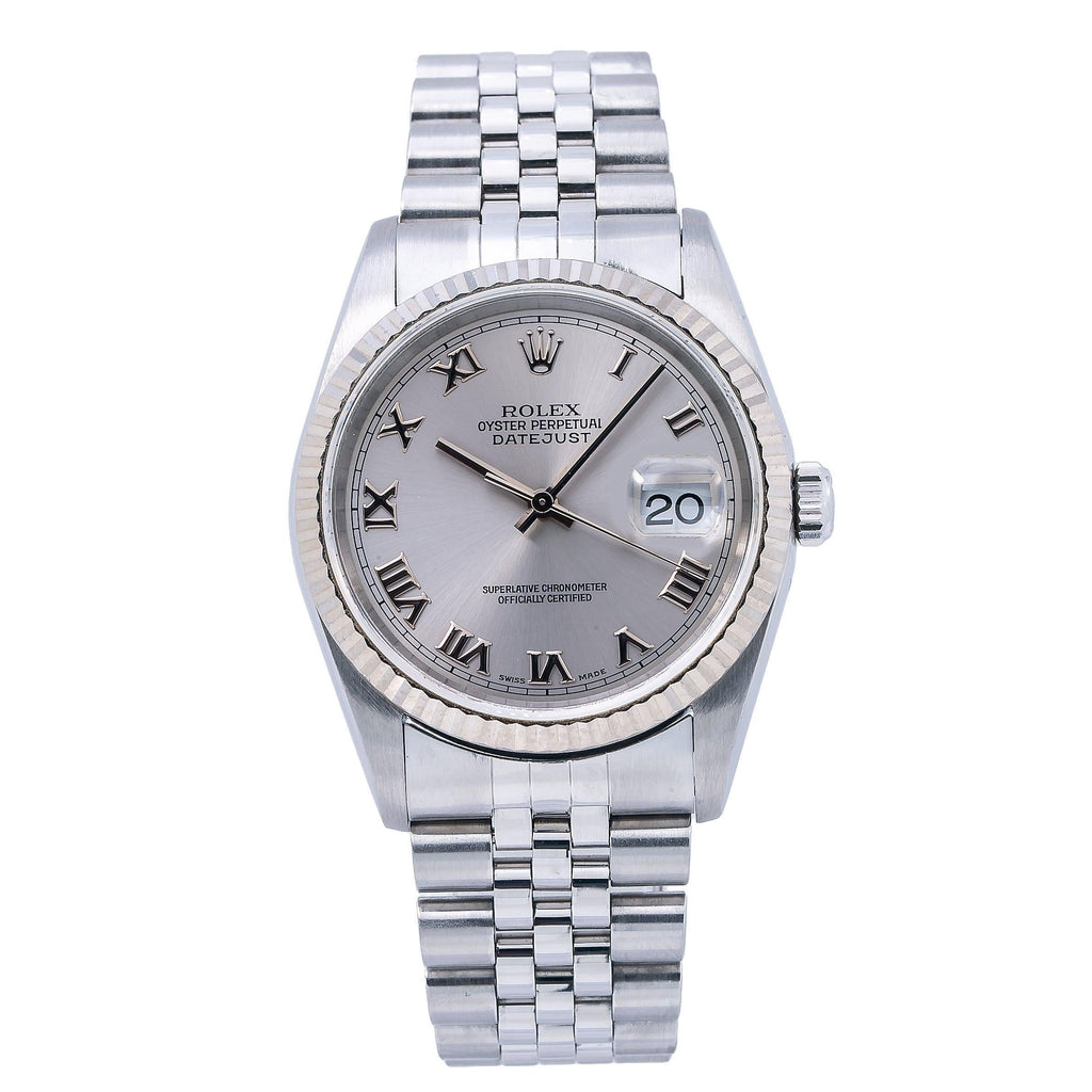 Pre-Owned Rolex Datejust 36MM 16234 Silver Roman Dial Fluted Bezel Stainless Steel Jubilee Bracelet