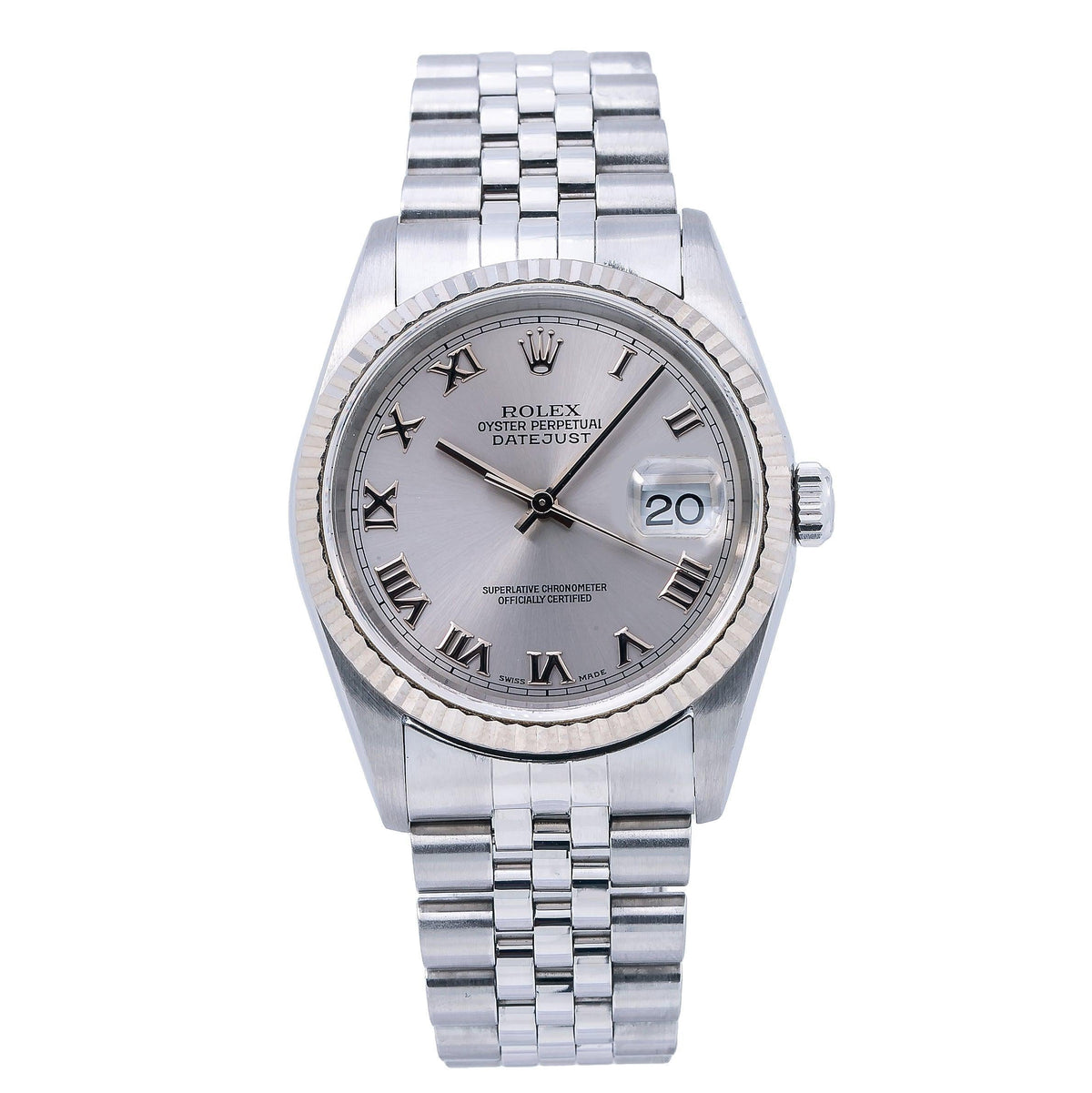 Pre-Owned Rolex Datejust 36MM 16234 Silver Roman Dial Fluted Bezel Stainless Steel Jubilee Bracelet