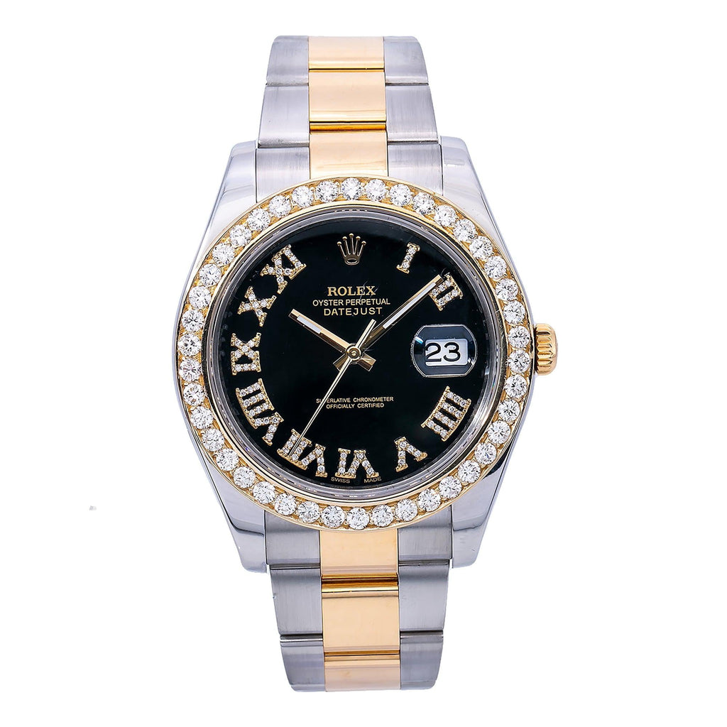 Pre-Owned Rolex Datejust II 41MM 116333 Black Roman Diamond Dial Diamond Bezel Two Tone Yellow Gold Oyster Bracelet 2.4ct