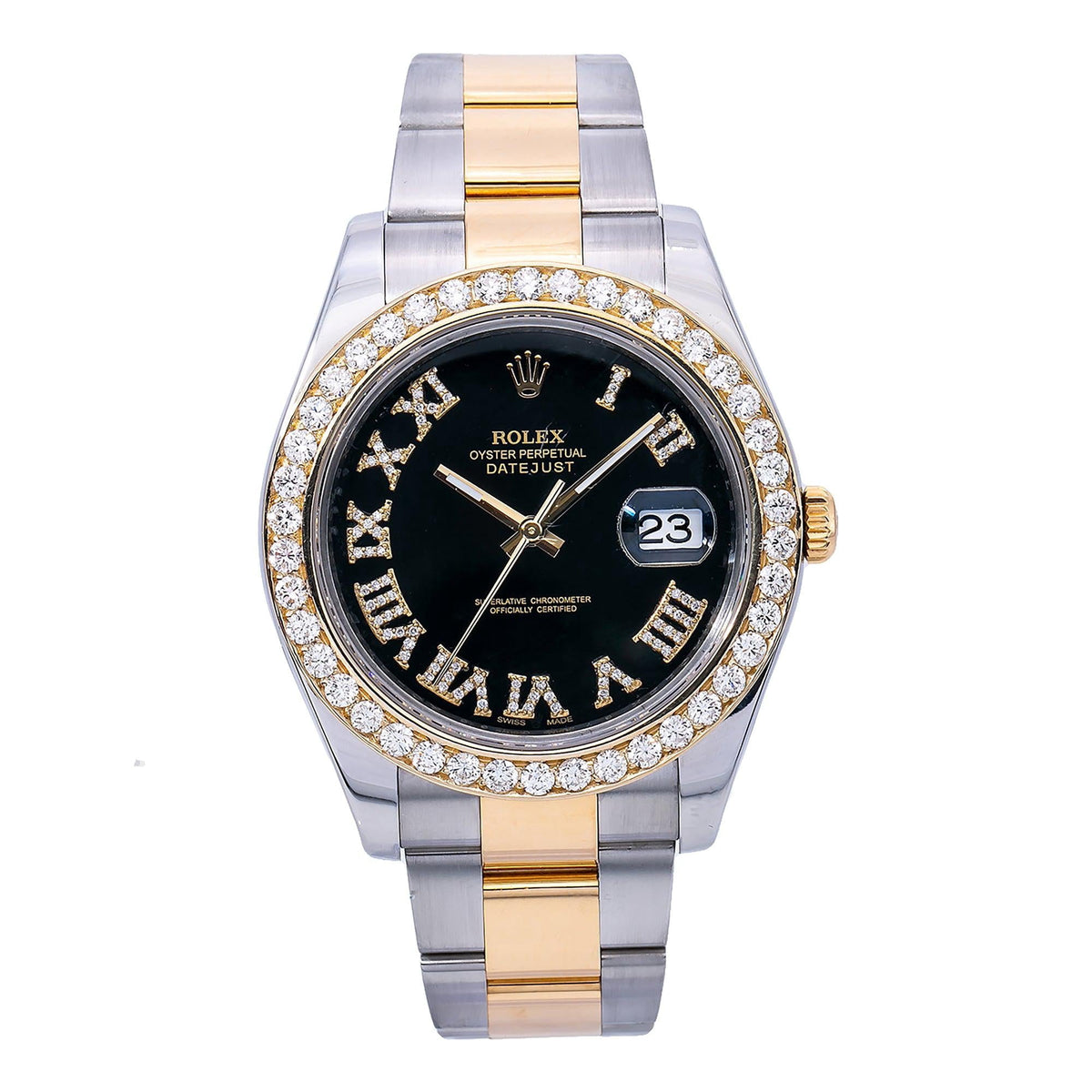 Pre-Owned Rolex Datejust II 41MM 116333 Black Roman Diamond Dial Diamond Bezel Two Tone Yellow Gold Oyster Bracelet 2.4ct