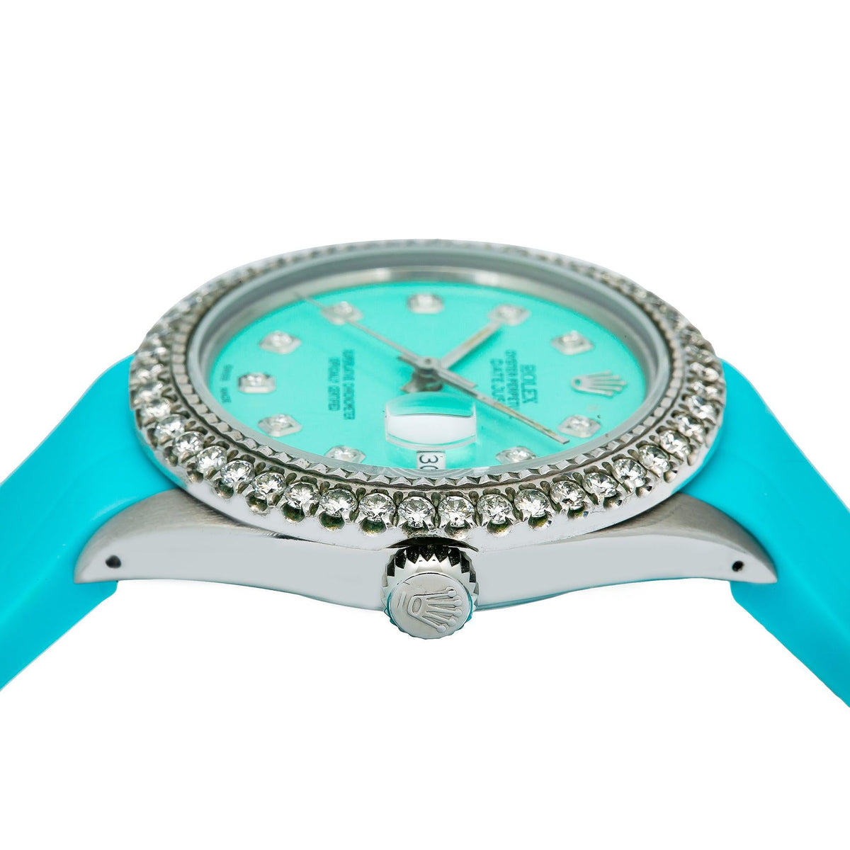 Pre-Owned Rolex Datejust 36MM 16014 Turquoise Diamond Dial Diamond Bezel Blue Rubber Strap