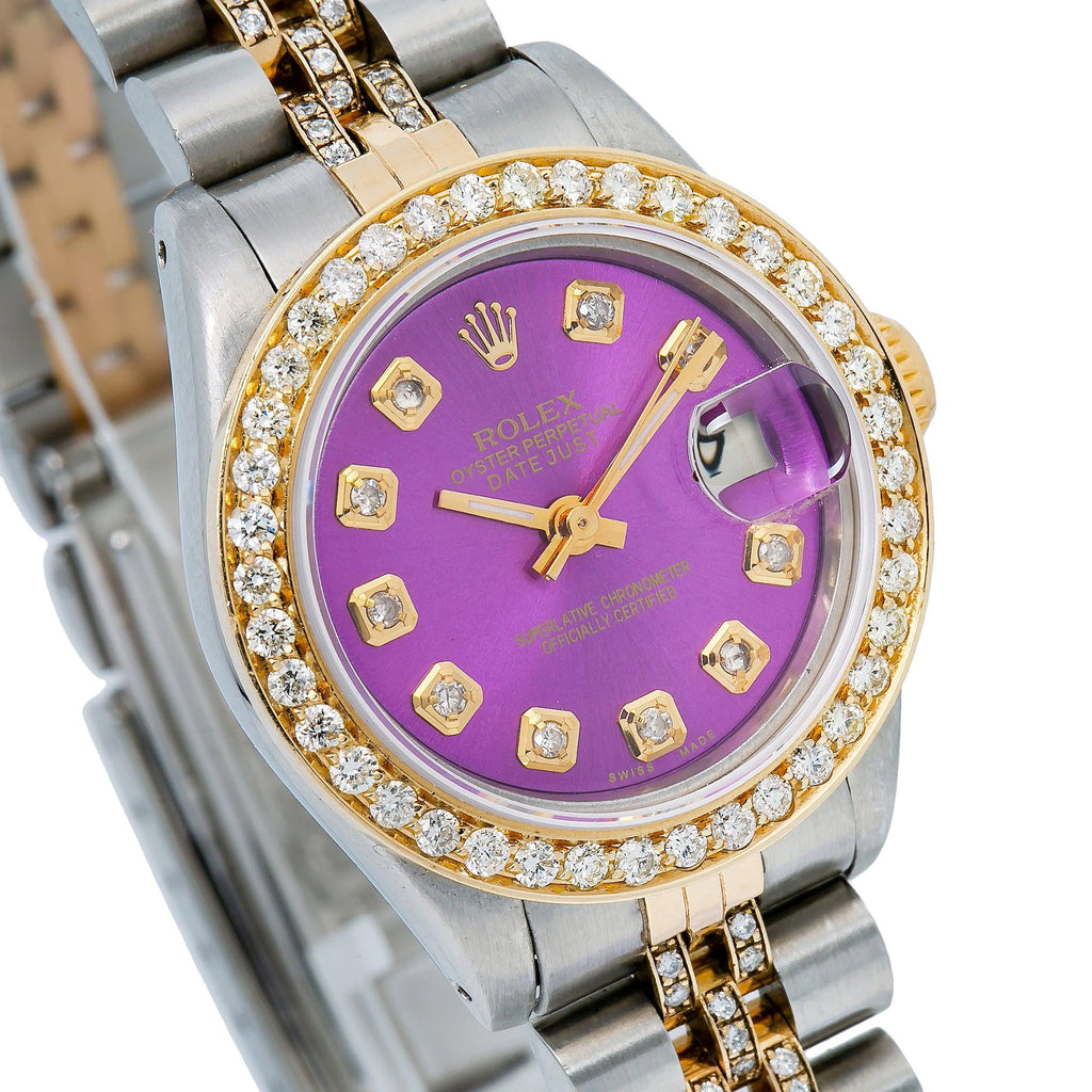 Pre-Owned Rolex Datejust 26MM 69173 Purple Diamond Dial Diamond Bezel Two Tone Yellow Gold Semi Diamond Jubilee Bracelet