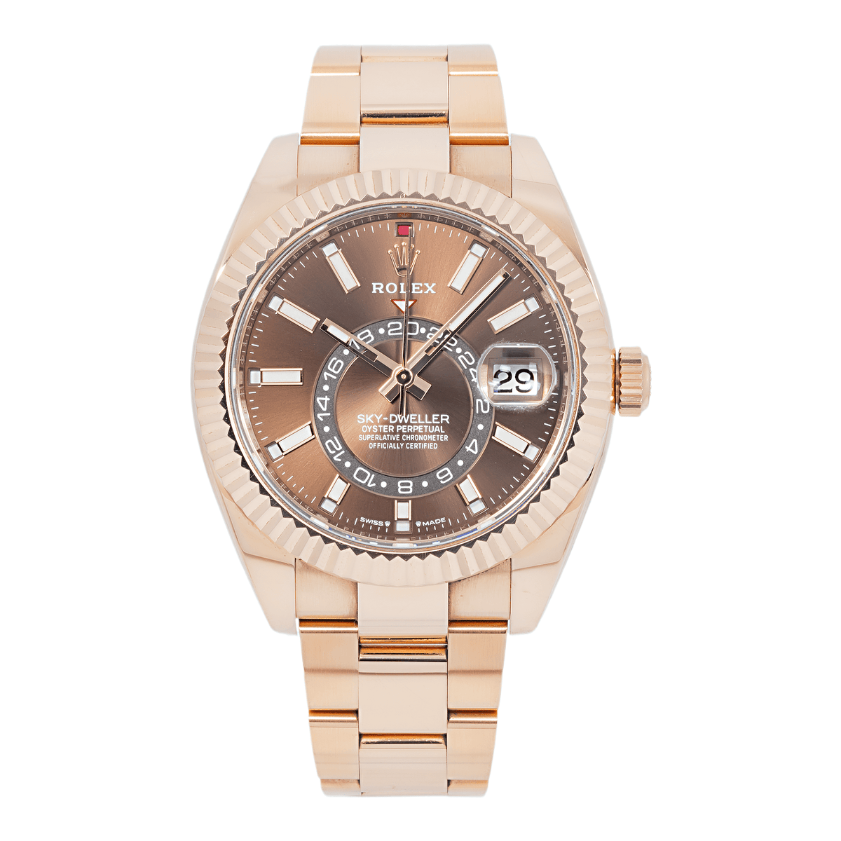 Pre-Owned Rolex Sky-Dweller 42MM 326935 Chocolate Dial Fluted Bezel 18K Rose Gold Oyster Bracelet