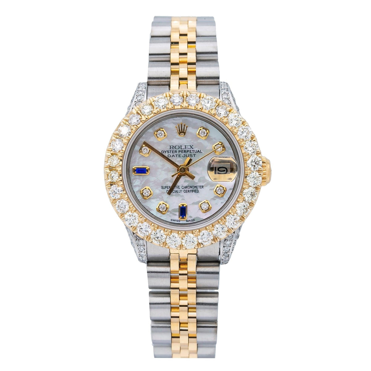 Pre-Owned Rolex Datejust 26MM 6917 White Mother of Pearl Diamond Dial Diamond Bezel Two Tone Yellow Gold Jubilee Bracelet 2.75ct